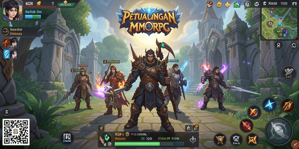 Screenshot gameplay 8QR menampilkan pertempuran epik dalam MMORPG.