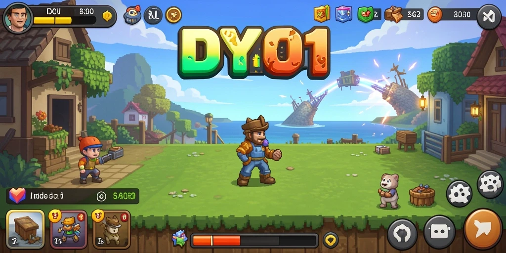 Screenshot gameplay DYO1 menunjukkan karakter lucu dan aktivitas pengumpulan sumber daya.