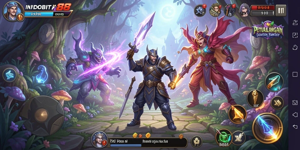 Screenshot gameplay INDOBIT88 menunjukkan pertarungan seru antar karakter.