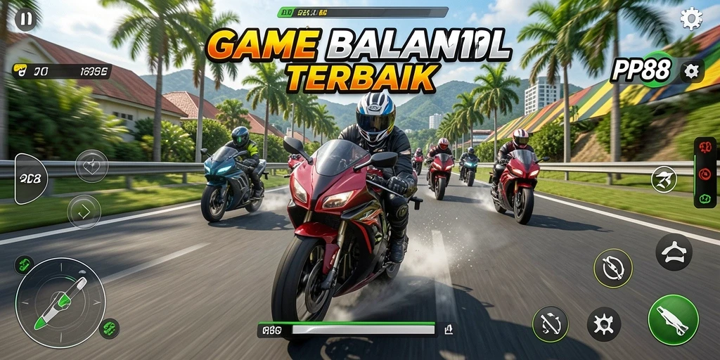 Tampilan gameplay balapan motor yang seru dan mendebarkan.