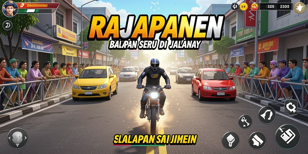Tampilan gameplay balapan seru dalam RAJAPANEN dengan berbagai kendaraan.