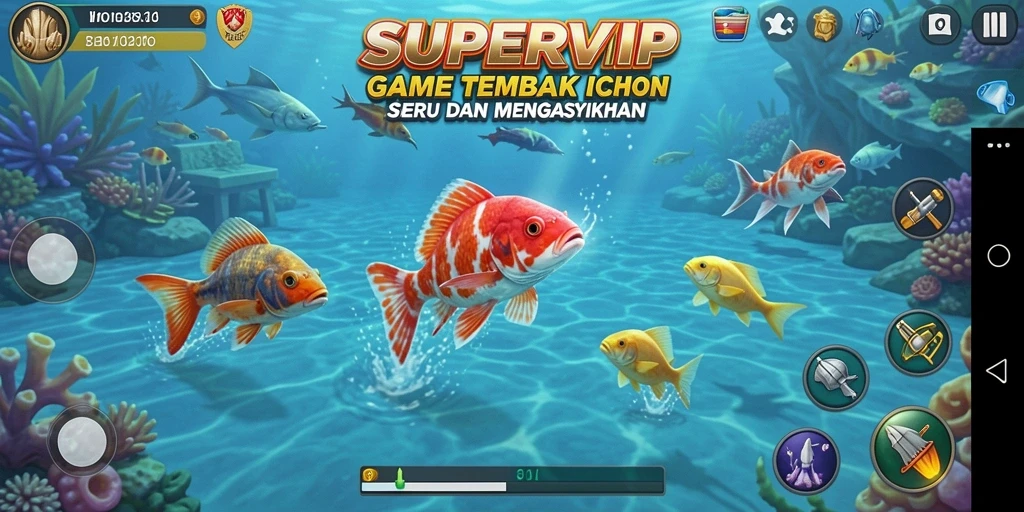 Tampilan gameplay SUPERVIP yang menarik dengan ikan berwarna-warni.
